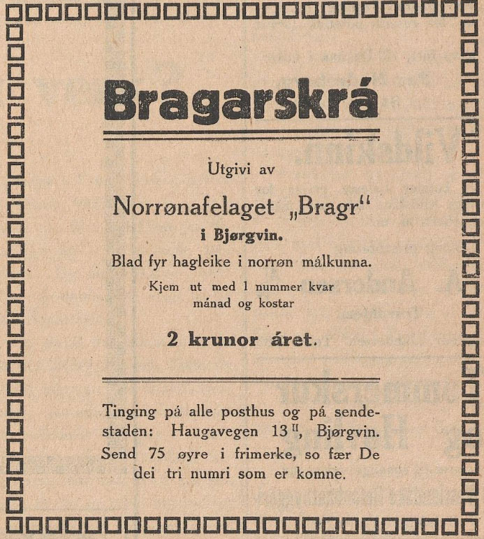 Annonse for bladet Bragerskrá.