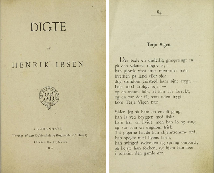 Tittelsiden til Digte og begynnelsen på Terje Vigen