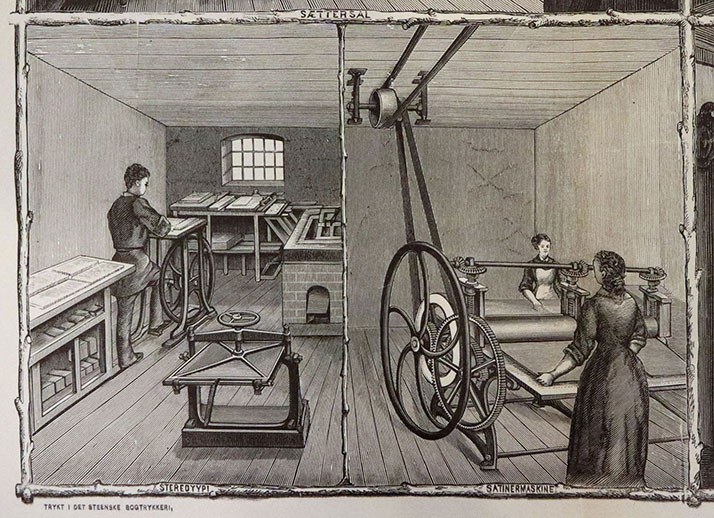Stereotypiverkstedet og satinermaskinen i Det Steenske Bogtrykkeri 1879
