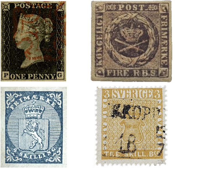 Det første britiske, danske, norske og svenske frimerket