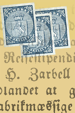 Illustrasjon av det første norske frimerket og produsenten Zarbells stipend for å lære skriftstøping.